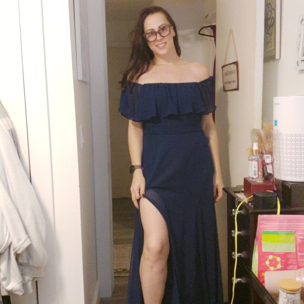 Ever Pretty Off-Shoulder Navy Gown